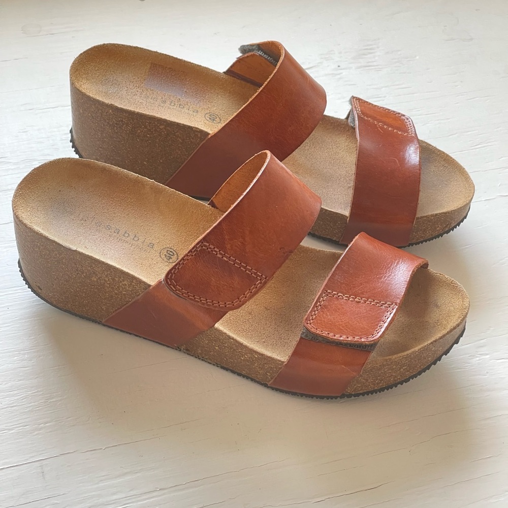 Size 40- Women’s Lola Sabbia Cork Camel Leather Adjustable Strap Wedge Sandals - Picture 2 of 12